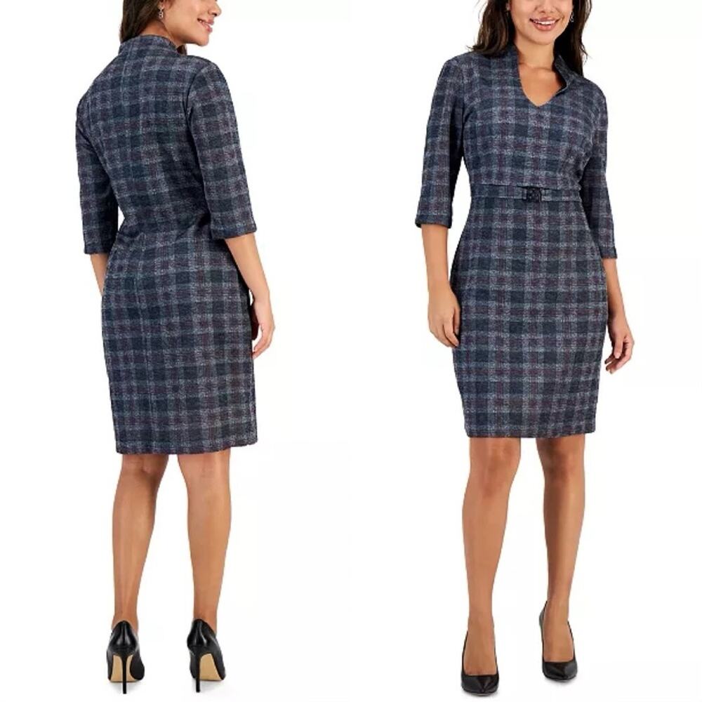 NWT CONNECTED 10 Stretch Belted Plaid Knit Sheath Dress